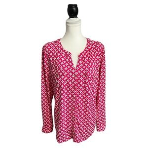 Island Republic Blouse Size XL Button Down Floral Pink & White Long Sleeve Top